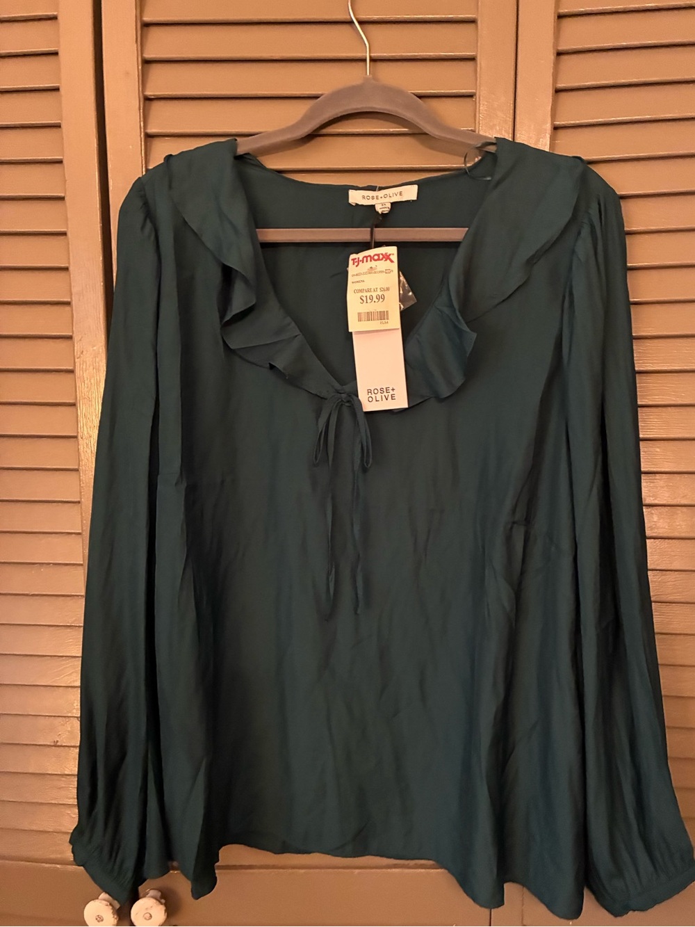 Rose & Olive Deep Teal Ruffle Tie Blouse